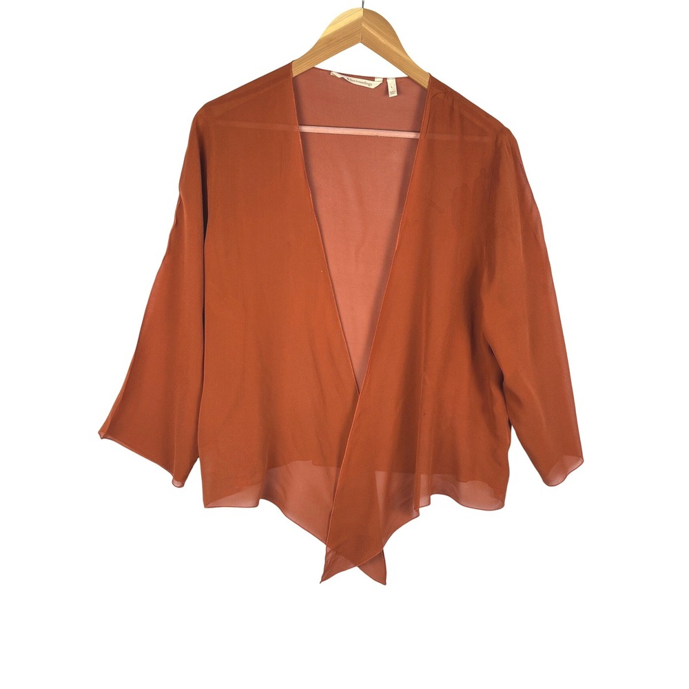Soft Surroundings Womens 100% Silk Tie Front Cardigan Shrug L Orange Sheer Boho